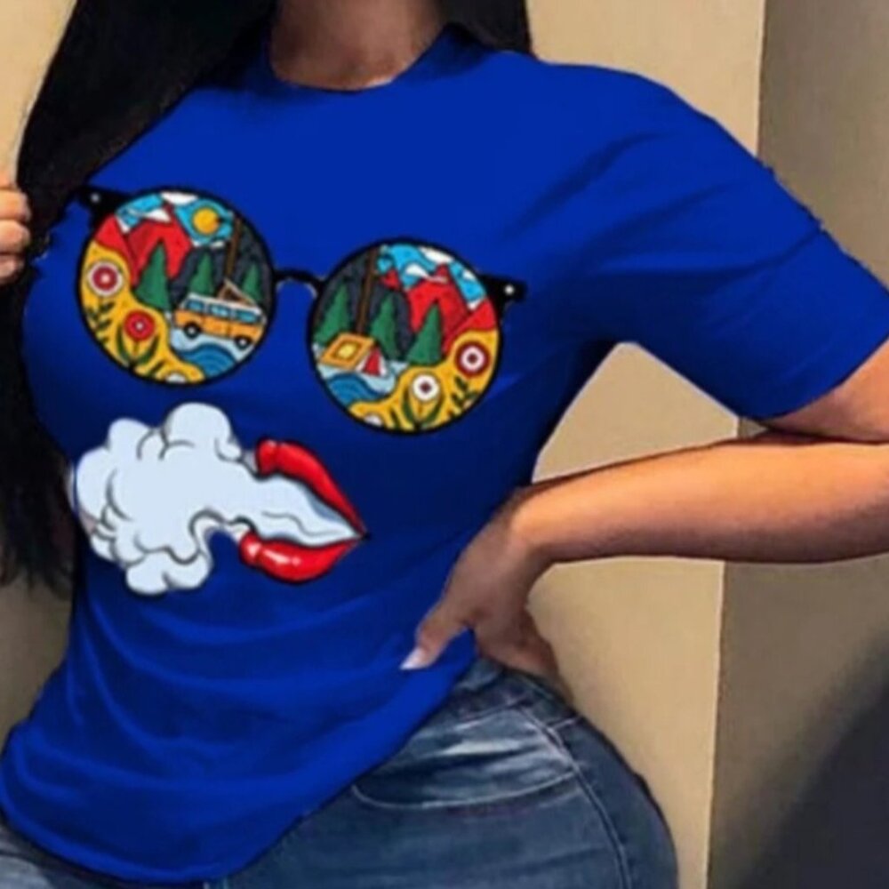 Smoking Retro Sunglasses Fitted Graphic Blue Crew Neck Tshirt